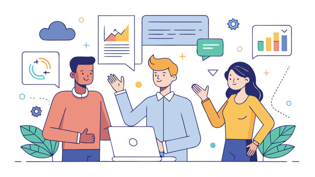Colorful cartoon illustration of several individuals talking, highlighting their animated expressions and interactions..eps