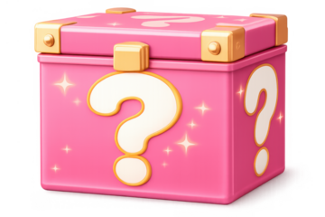 Pink mystery box with question marks and golden trim symbolizing surprise, discovery, and hidden loot on transparent background