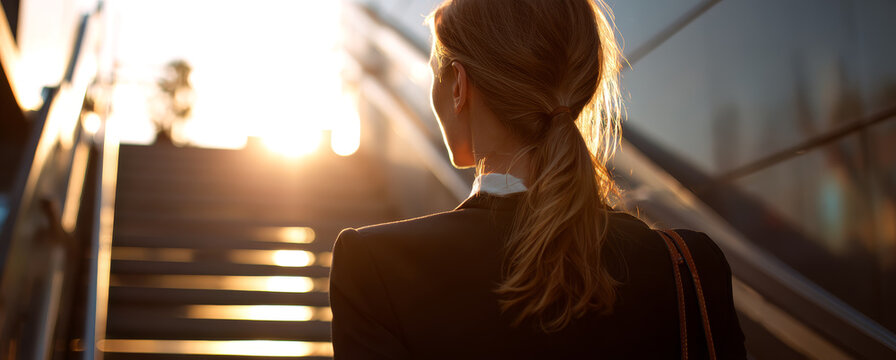 Businesswoman in a tailored dark suit with textured fabric and sleek design ascending modern outdoor stairs during sunset