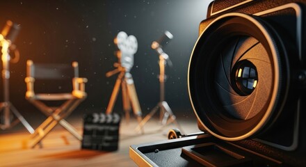 Capturing cinematic magic vintage camera lens focused on a classic film set atmosphere