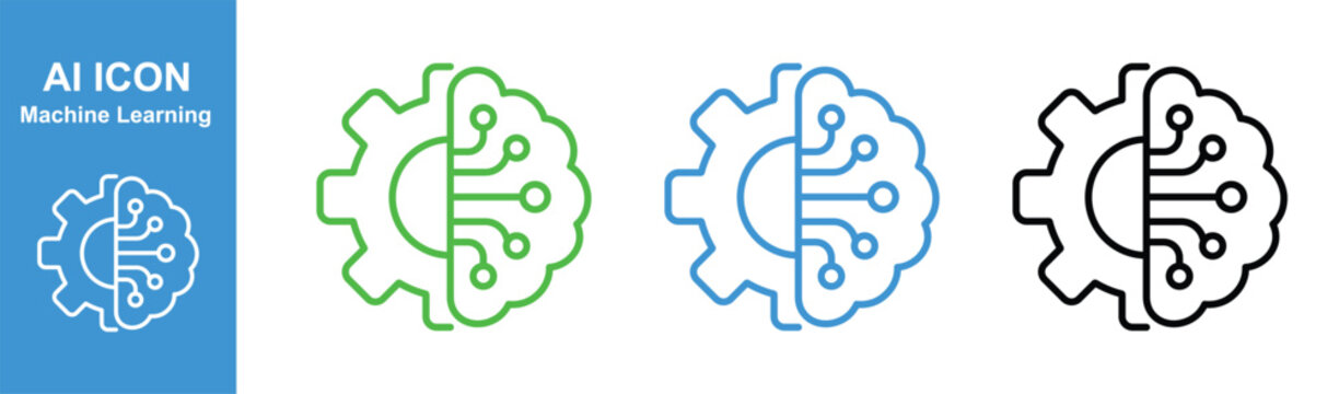 machine learning ai brain gear icon set with digital circuit lines outline vector