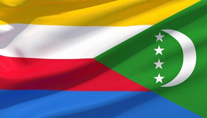 Comoros national flag with yellow, white, red, and blue stripes, green triangle, crescent, and four stars.