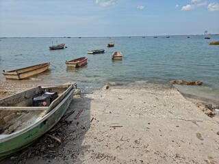 Several small fishing boats anchored in shallow water near a shoreline. © Leiter1940s
