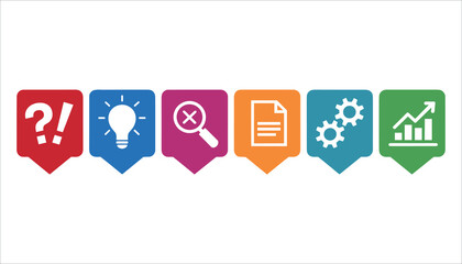 Colorful of question mark exclamation point light bulb magnifying glass document gears and graph on speech bubbles