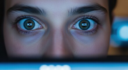Intense gaze reflecting digital light depicting focus and screen time habits