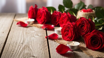 Red roses bouquet with petals and candles on rustic wooden table romantic Valentine's Day setup