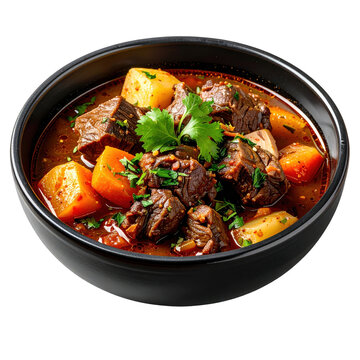 Classic buglama stew featuring chunks of lamb and seasonal vegetables in a dark pot, isolated on white background for a clean, professional look