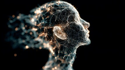 Digital human head profile formed of glowing light particles, against a black backdrop