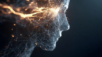 Silhouette of a human face with intricate glowing neural network overlay