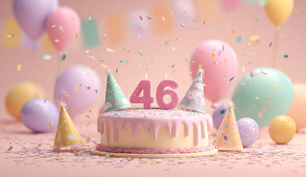 Celebration of a 46th birthday with a pastel pink cake featuring dripping icing, surrounded by colorful balloons and confetti, festive party hats, and a cheerful atmosphere