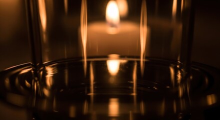 Ethereal Glow: A Luminous Candle Flame Reflected in Glass with Warm golden reflections