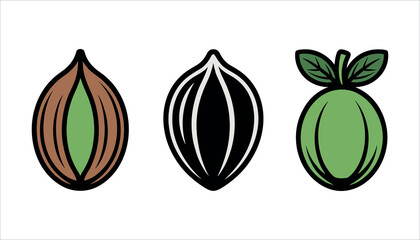 Three stylized green and brown seed pod with black outlines seed pods white background.