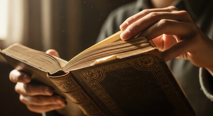 Exploring narratives: A person immersed in the tactile experience of reading an old book