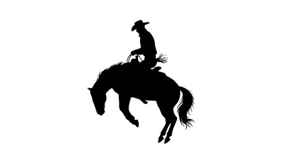 A cowboy riding a horse in a dramatic silhouette against a white background