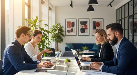 Collaborative workspace showcases diverse professionals leveraging laptops in modern office