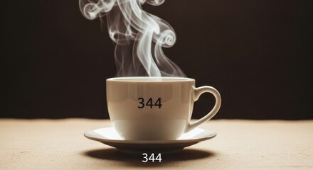 Steaming cup of coffee presenting a warm and inviting ambiance with the number 344 marking