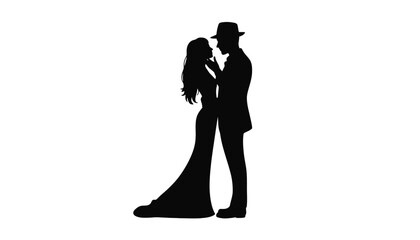 A romantic couple sharing a tender moment in silhouette against a white background