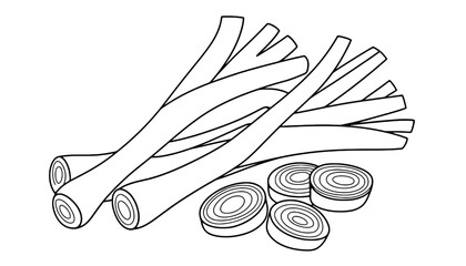 A black and white illustration of lemongrass and sliced lemongrass on a white background silhouette