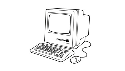 A vintage computer setup with a monitor, keyboard, and mouse in silhouette mode