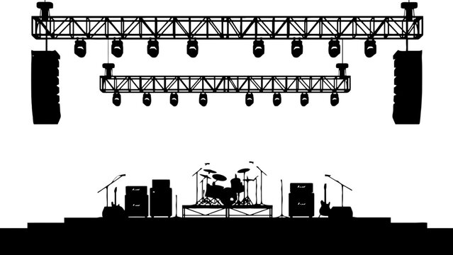 A stage setup with lights, speakers, and musical instruments is ready for a performance.