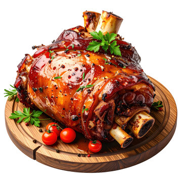 Tender eisbein pork knuckle, a bavarian feast with sauerkraut and potato salad, beautifully isolated on white background