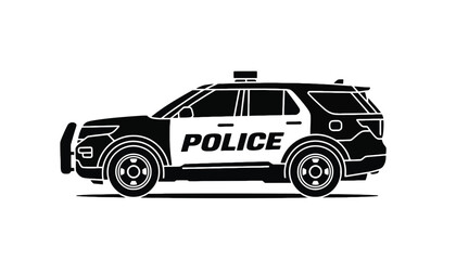 A black and white silhouette of a police car against a plain background