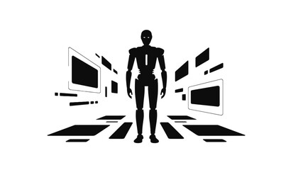 A futuristic robot stands in front of scattered screens and technology in silhouette