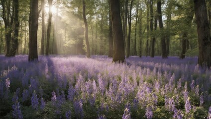 Sunlit Bluebell Forest - A Serene Woodland Scene with Purple Flowers.