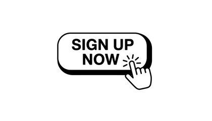 A hand pointing to a sign up now button on a white background silhouette
