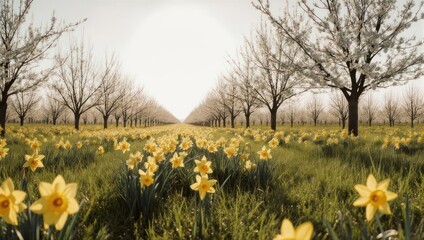 Spring Daffodils in a Field with Bare Trees.