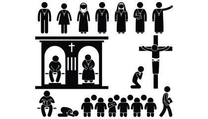 A silhouette of various religious figures and people in different poses and settings silhouette