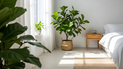 Fototapeta premium A serene bedroom with a large plant in a gold pot by the window