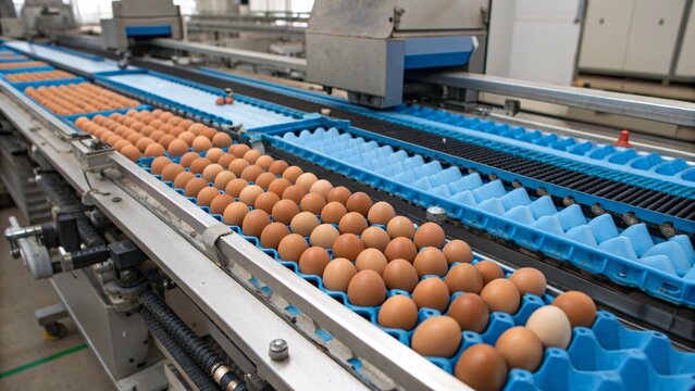 Industrial egg sorting and packing machine conveyor belt in factory