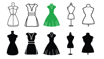 A collection of fashion dress forms and mannequins in various styles and silhouettes