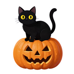 Black cat sitting on a jack-o'-lantern.