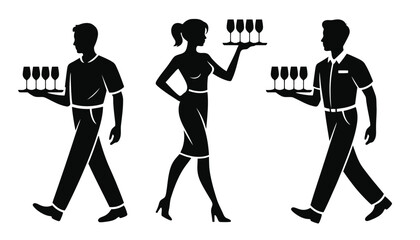 A group of waiters and waitresses in silhouette serving wine glasses