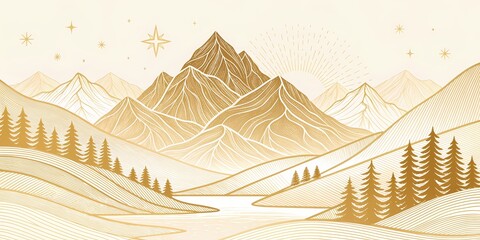 landscape wallpaper design with Golden mountain line arts, luxury background design for cover