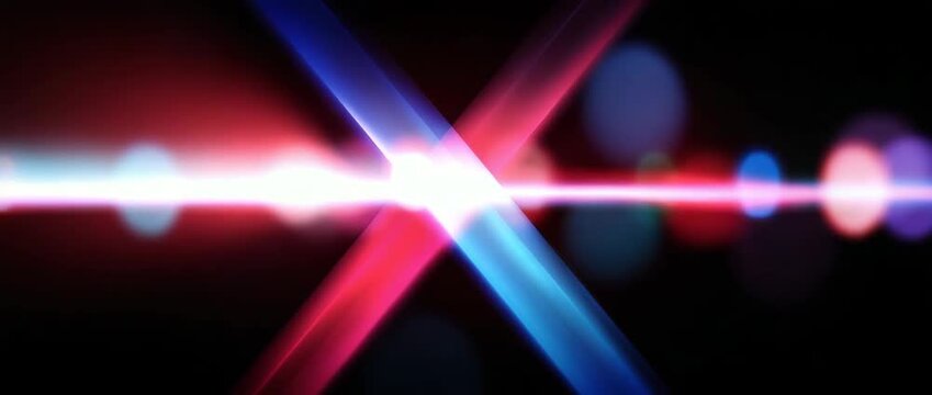 A vibrant abstract composition featuring intersecting neon light beams with glowing flares and bokeh effects