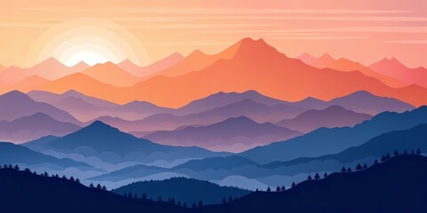 Sunset Gradient Mountains
Layered mountain ranges with warm gradient hues of sunset, smooth and calming vector art.