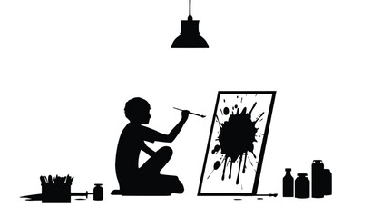 A person in silhouette painting a vibrant artwork with a brush and paint
