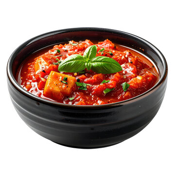 Central asian chuchvara dumplings with a savory tomato sauce, served on a dark plate and cleanly isolated on a white background