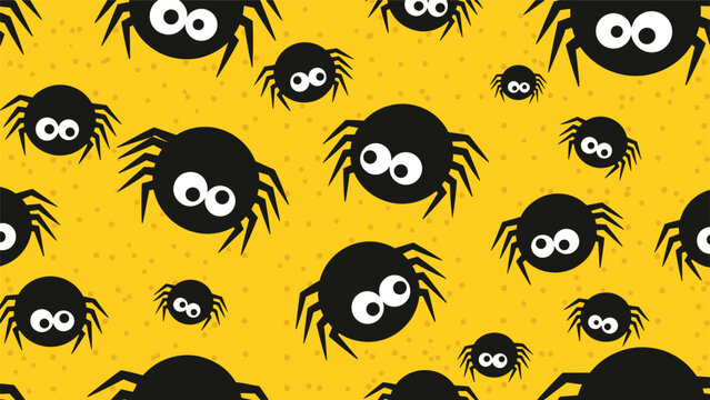 A fun and spooky seamless Halloween pattern featuring numerous cute cartoon black spiders with big eyes scattered across a vibrant yellow background.