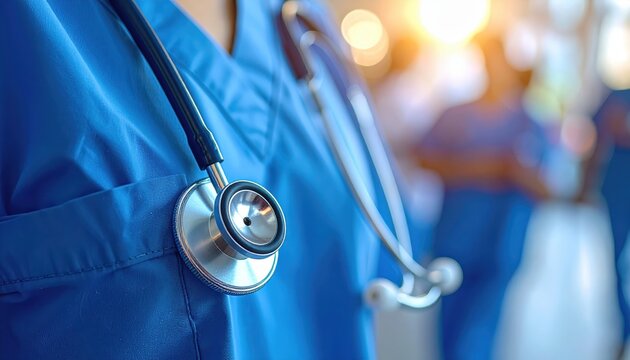 Focused image of a healthcare worker in blue scrubs with a stethoscope, symbolizing medical care and professionalism.