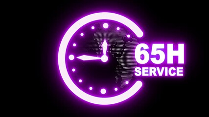 65 hours service clock icon. Online customer care, live chat support, and real-time customer assistance to ensure complete customer satisfaction with rotating world map icon,   - Powered by Adobe