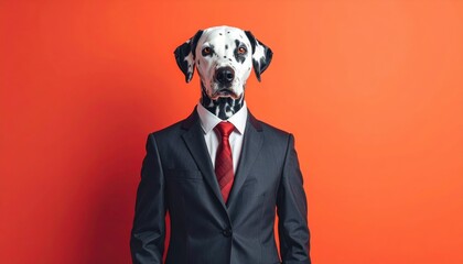 Dalmatian dog wearing a business suit and red tie, standing against a bright orange background, blending humor with professionalism.