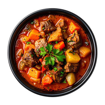 Hearty dimlama with chunks of meat and potatoes, beautifully presented and isolated on white background for a stock image