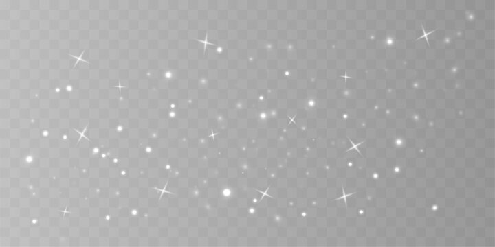 Silver sparkling dust glow with shimmer, glitter, twinkle across bokeh blur. Sparks, stardust particles, luminous highlights, flare create festive Christmas and New Year magic. PNG vector illustration