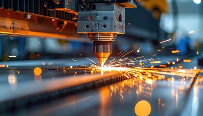 Close-up of a CNC laser cutting machine emitting sparks while processing metal in a high-tech industrial setting.