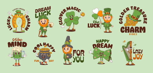 Fototapeta premium Funny leprechaun and St Patrick day y2k groovy stickers featuring clovers, green beer, pots of gold, shamrocks playful characters for festive cards, celebrating Irish culture and lucky retro vibes