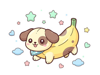 Adorable kawaii puppy dog fused with a ripe yellow banana creating a whimsical and cute hybrid character illustration design